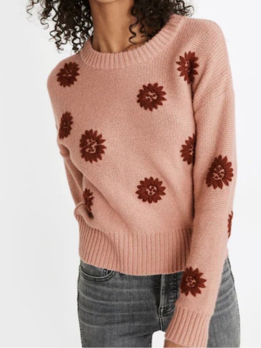 Madewell Embroidered Floral Wool Alpaca Sweater Dusty Pink Crewneck Sz S